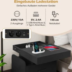 Nachttisch mit Ladestation & Schublade & Offenen Fächern Beistelltisch Nachtschrank Schwarz