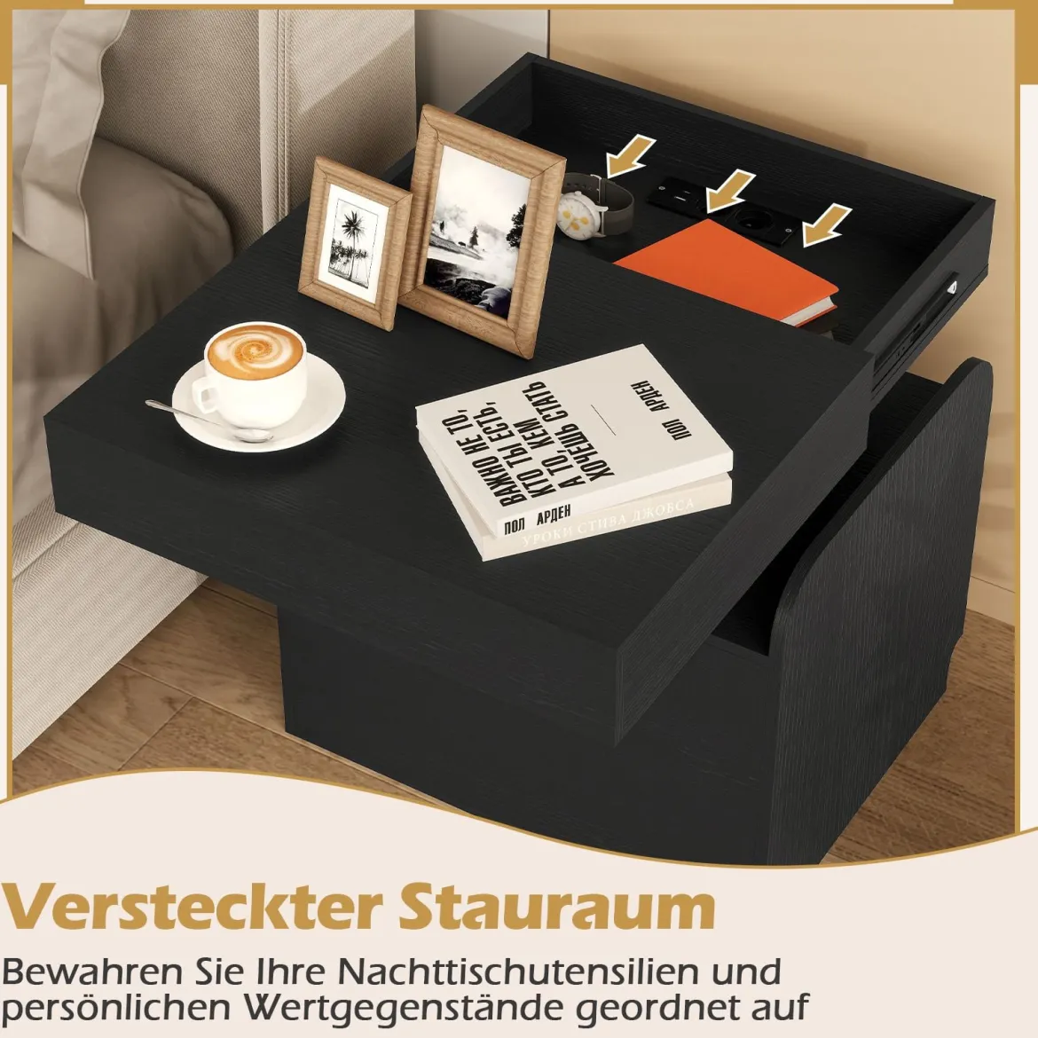 Nachttisch mit Ladestation & Schublade & Offenen Fächern Beistelltisch Nachtschrank Schwarz