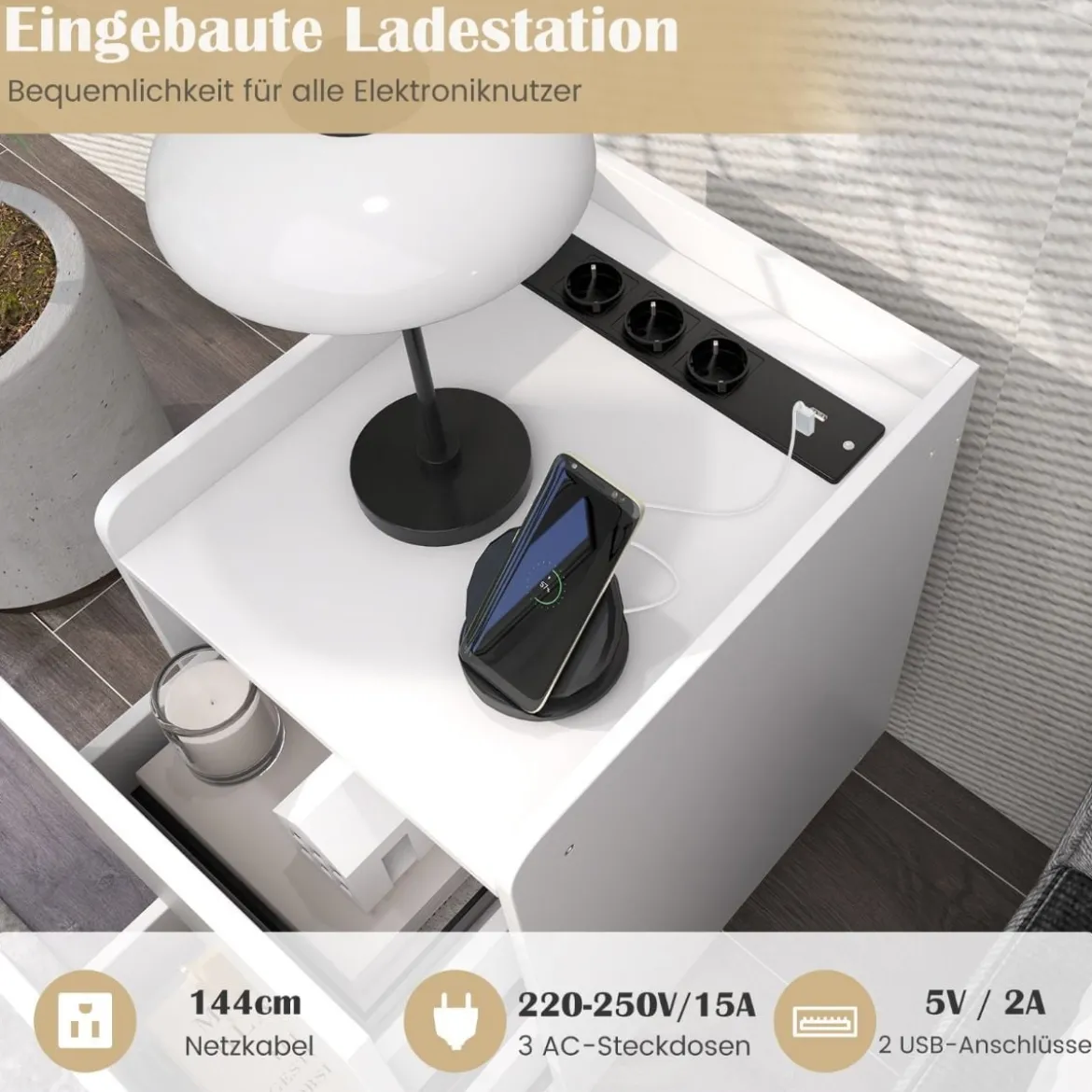 Nachttisch mit Ladestation schmaler Nachtschrank mit 2 Schubladen & USB-Anschlüssen 40 x 32 x 60 cm Weiß