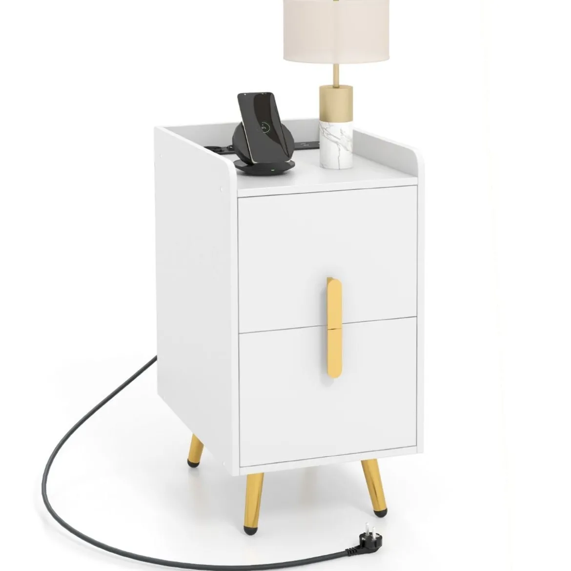Nachttisch mit Ladestation schmaler Nachtschrank mit 2 Schubladen & USB-Anschlüssen 40 x 32 x 60 cm Weiß