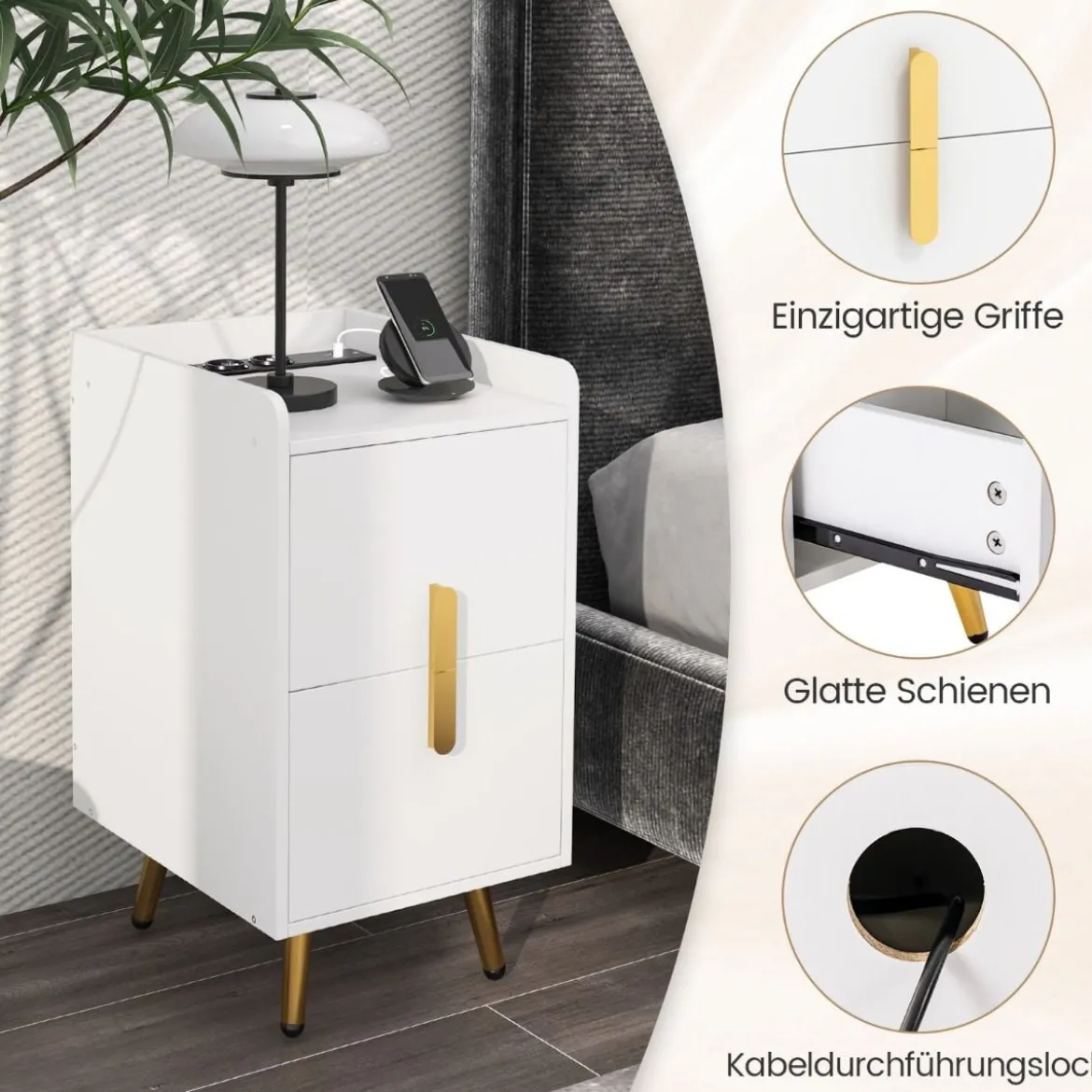 Nachttisch mit Ladestation schmaler Nachtschrank mit 2 Schubladen & USB-Anschlüssen 40 x 32 x 60 cm Weiß
