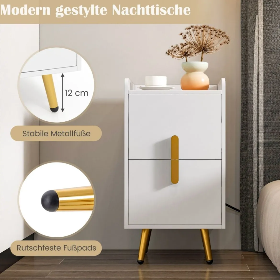 Nachttisch mit Ladestation schmaler Nachtschrank mit 2 Schubladen & USB-Anschlüssen 40 x 32 x 60 cm Weiß
