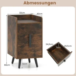 Nachttisch mit Ladestation schmaler Nachtschrank mit 2 Schubladen Beistelltisch mit Metallbeinen Rustikales Braun