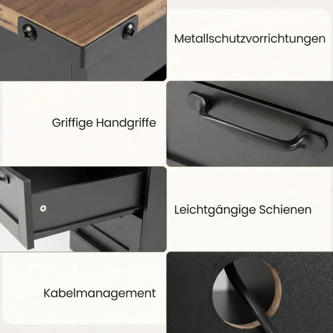 Nachttisch mit Ladestation schmaler Beistelltisch mit offenem Ablagefach & 2 Schubladen Schwarz