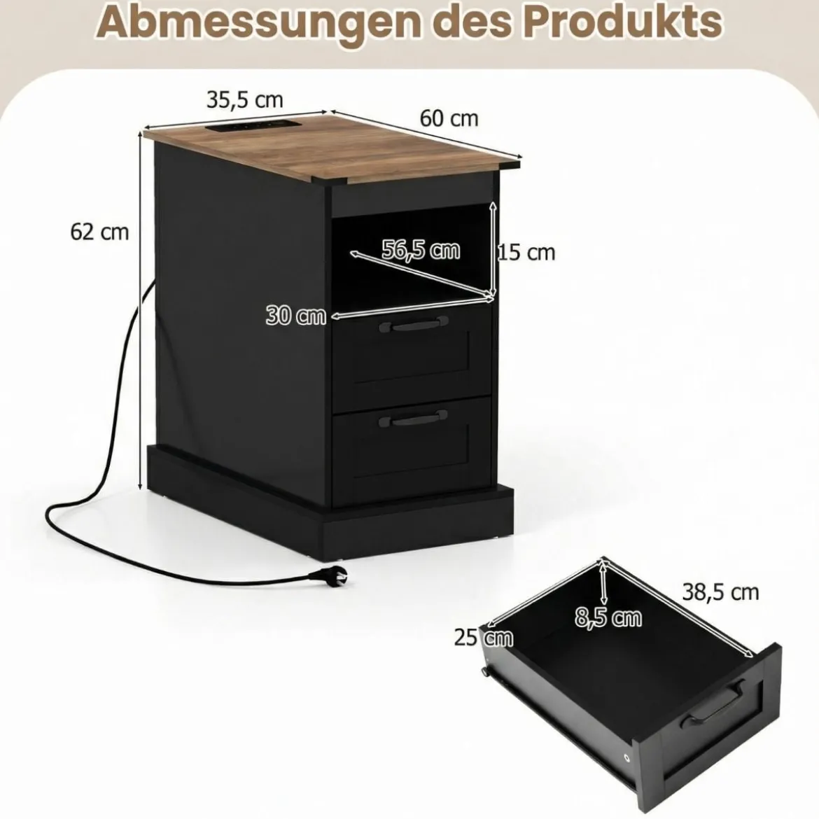 Nachttisch mit Ladestation schmaler Beistelltisch mit offenem Ablagefach & 2 Schubladen Schwarz