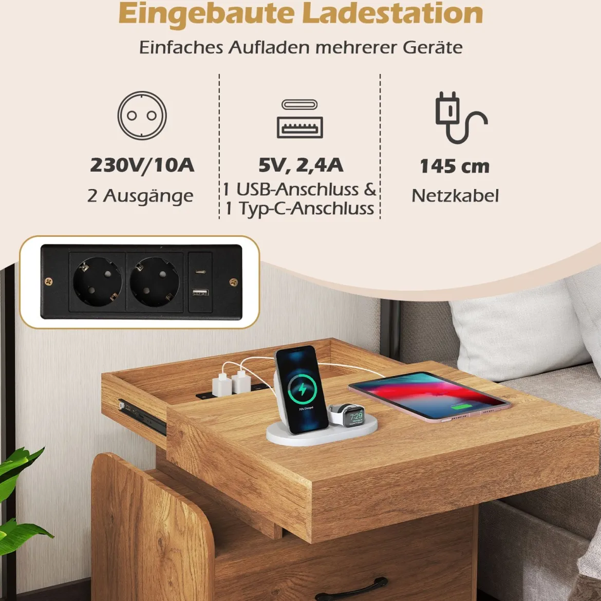 Nachttisch mit Ladestation & Schublade & Offenen Fächern Beistelltisch Nachtschrank Natur