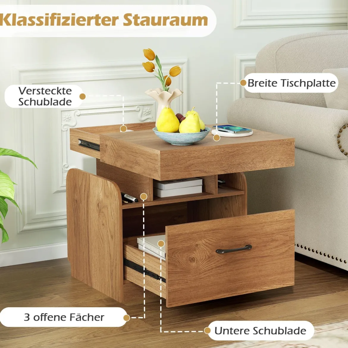 Nachttisch mit Ladestation & Schublade & Offenen Fächern Beistelltisch Nachtschrank Natur