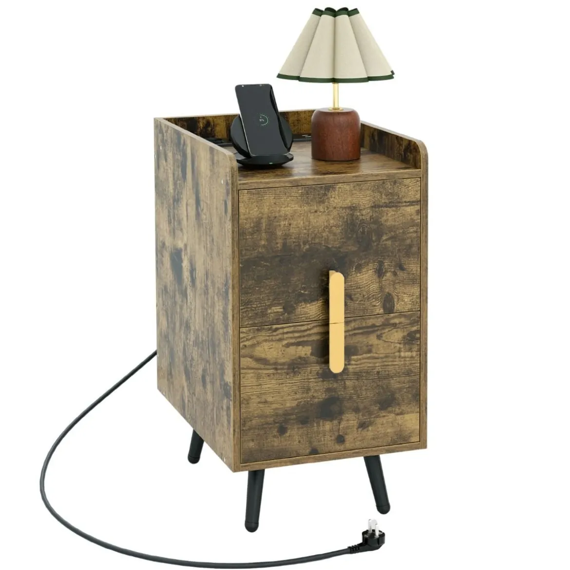 Nachttisch mit Ladestation schmaler Nachtschrank mit 2 Schubladen & USB-Anschlüssen 40 x 32 x 60 cm Rustikales Braun