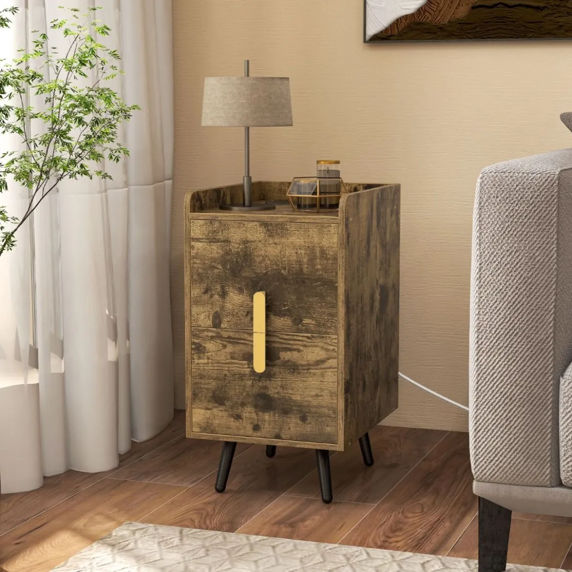 Nachttisch mit Ladestation schmaler Nachtschrank mit 2 Schubladen & USB-Anschlüssen 40 x 32 x 60 cm Rustikales Braun