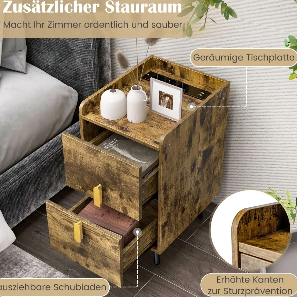 Nachttisch mit Ladestation schmaler Nachtschrank mit 2 Schubladen & USB-Anschlüssen 40 x 32 x 60 cm Rustikales Braun