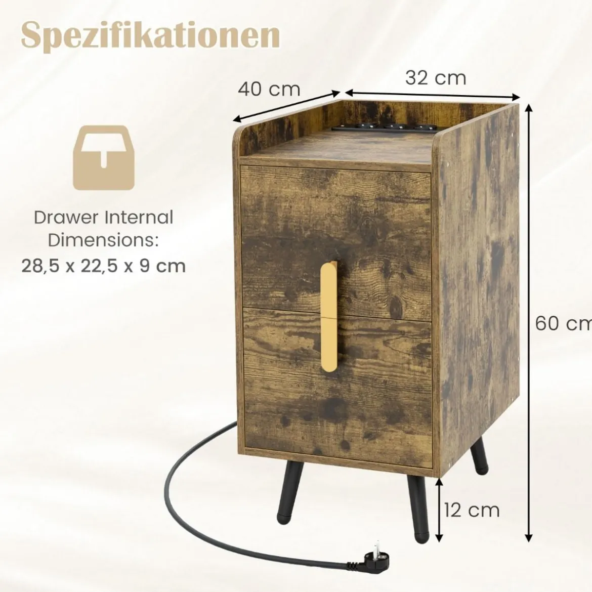 Nachttisch mit Ladestation schmaler Nachtschrank mit 2 Schubladen & USB-Anschlüssen 40 x 32 x 60 cm Rustikales Braun