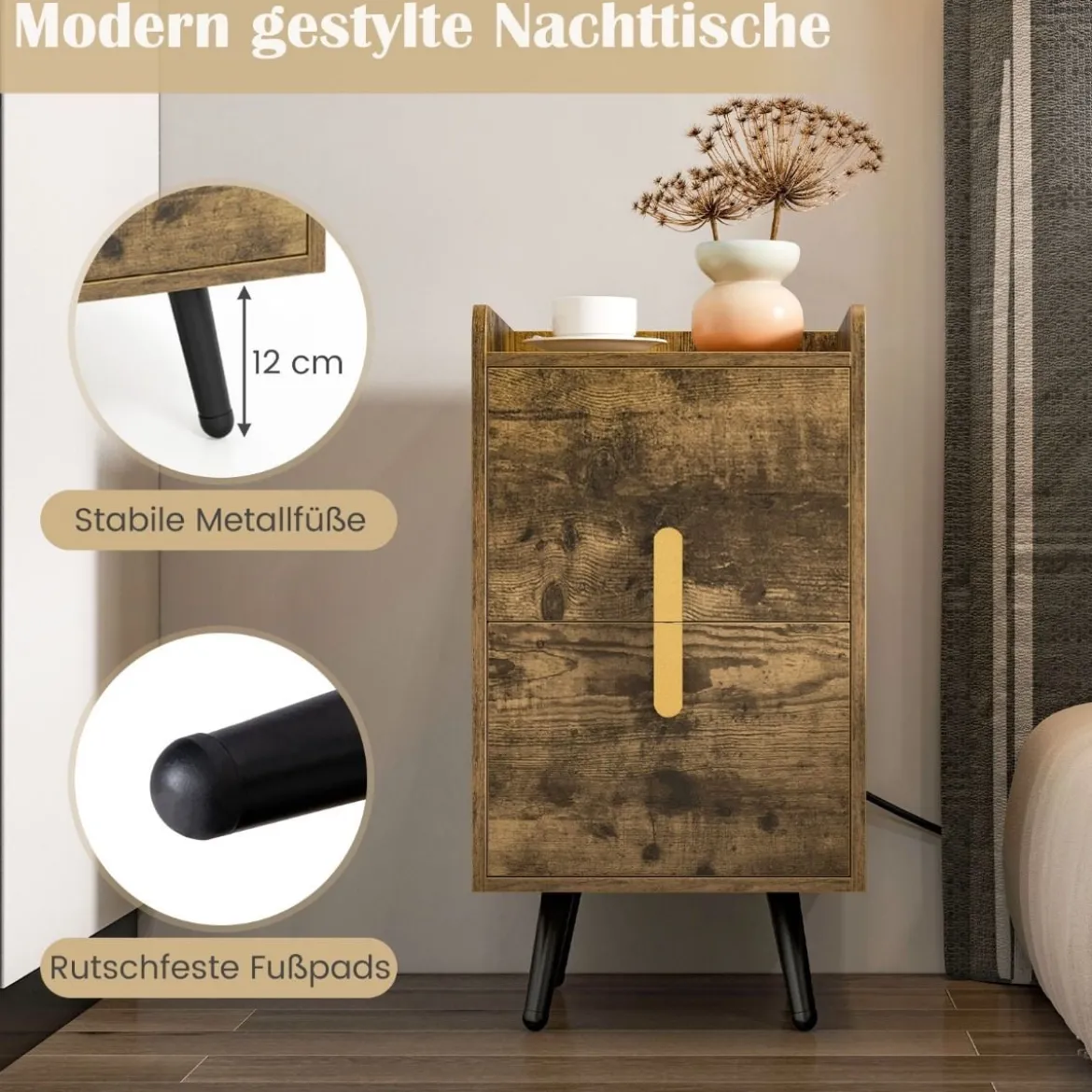 Nachttisch mit Ladestation schmaler Nachtschrank mit 2 Schubladen & USB-Anschlüssen 40 x 32 x 60 cm Rustikales Braun