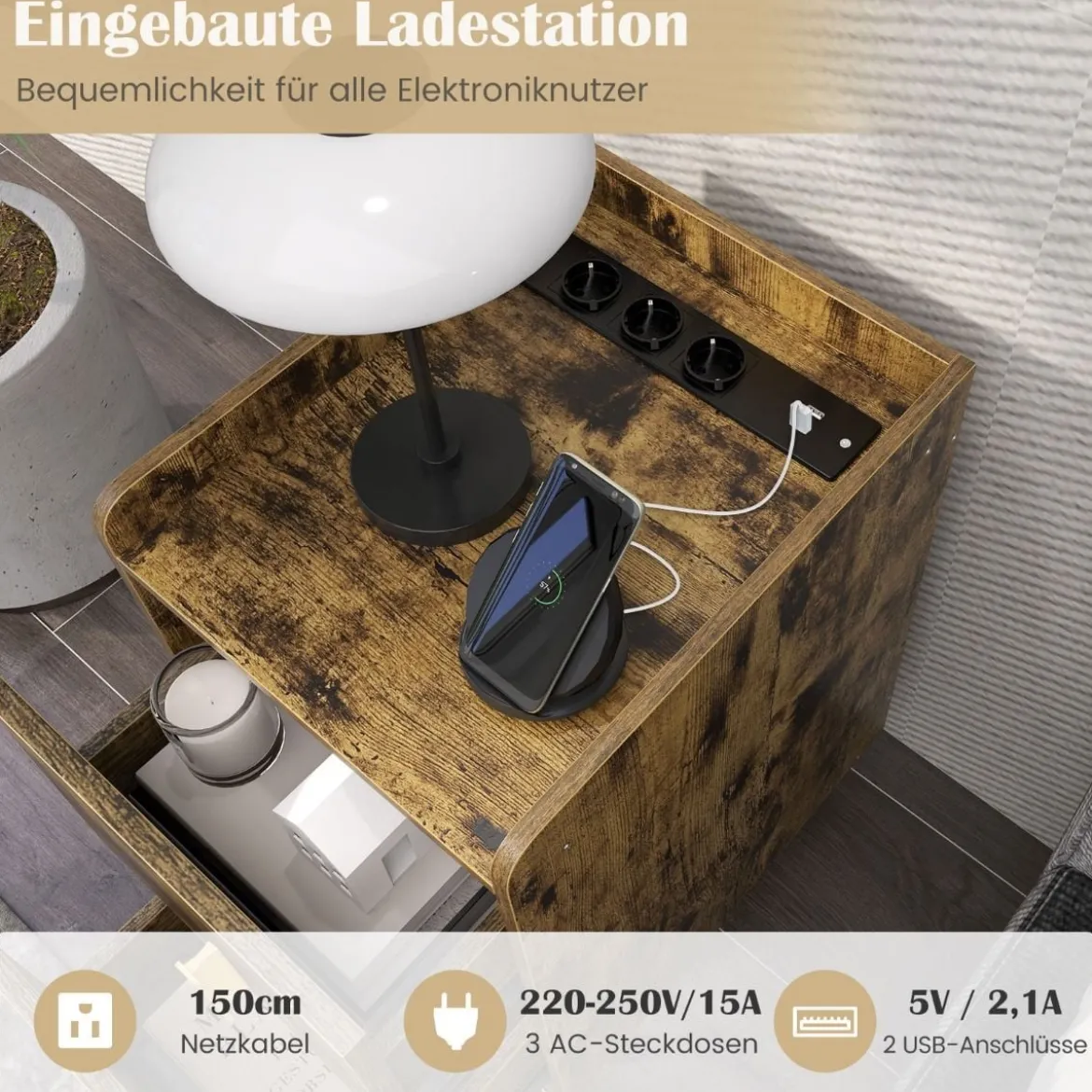 Nachttisch mit Ladestation schmaler Nachtschrank mit 2 Schubladen & USB-Anschlüssen 40 x 32 x 60 cm Rustikales Braun