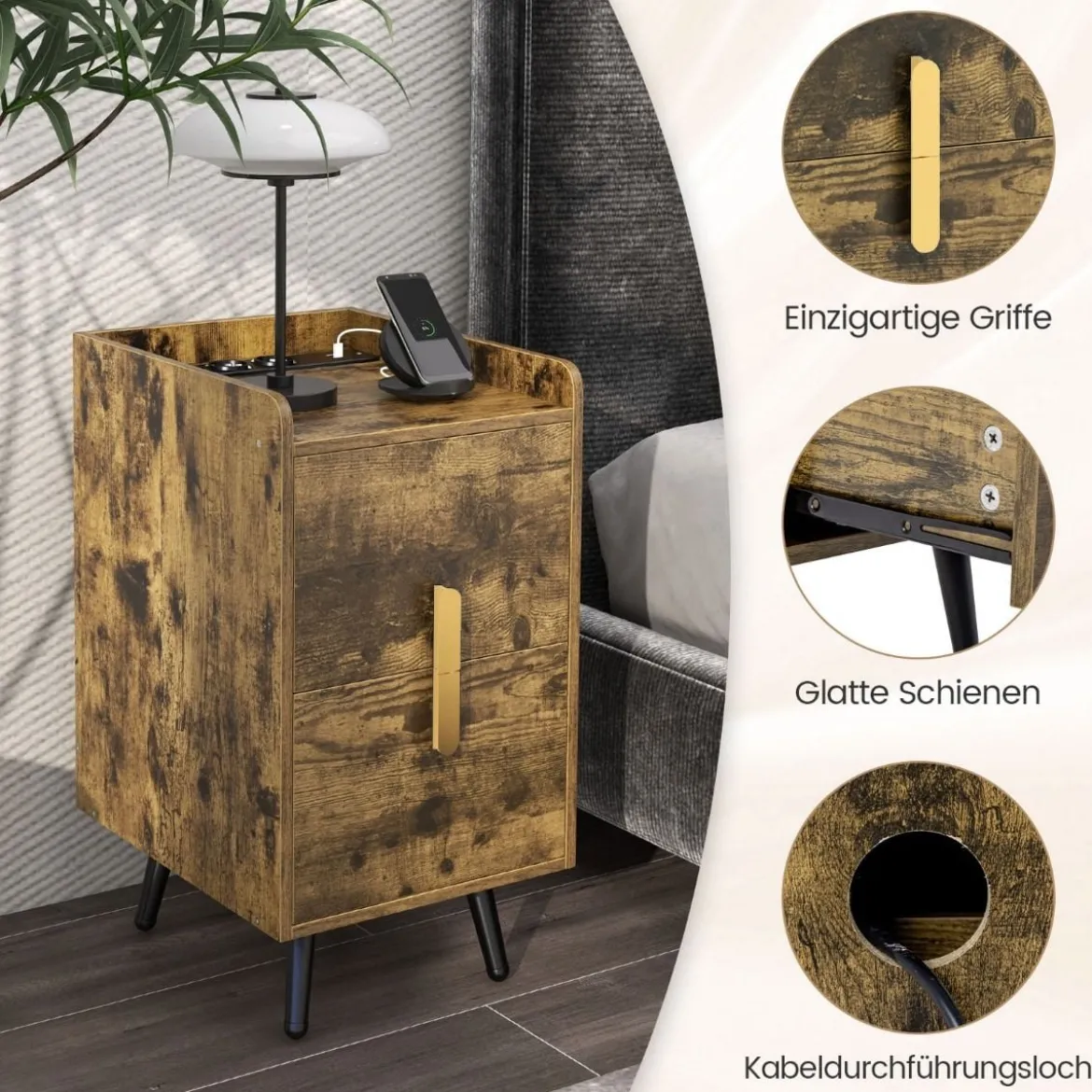Nachttisch mit Ladestation schmaler Nachtschrank mit 2 Schubladen & USB-Anschlüssen 40 x 32 x 60 cm Rustikales Braun