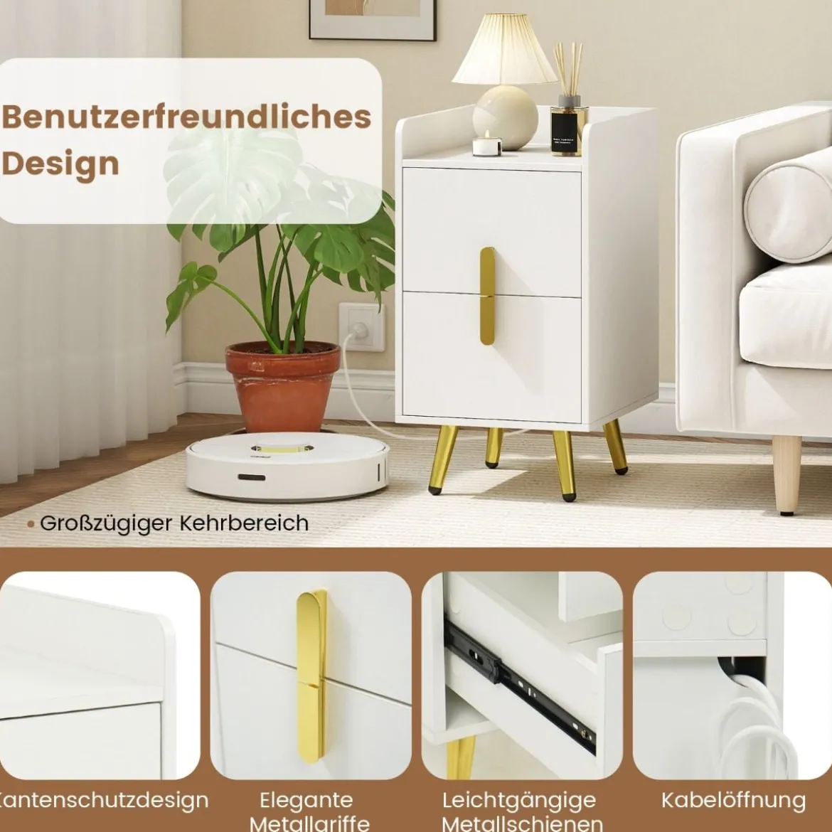 Nachttisch mit Ladestation schmaler Nachtschrank mit 2 Schubladen Beistelltisch mit Metallbeinen Weiß