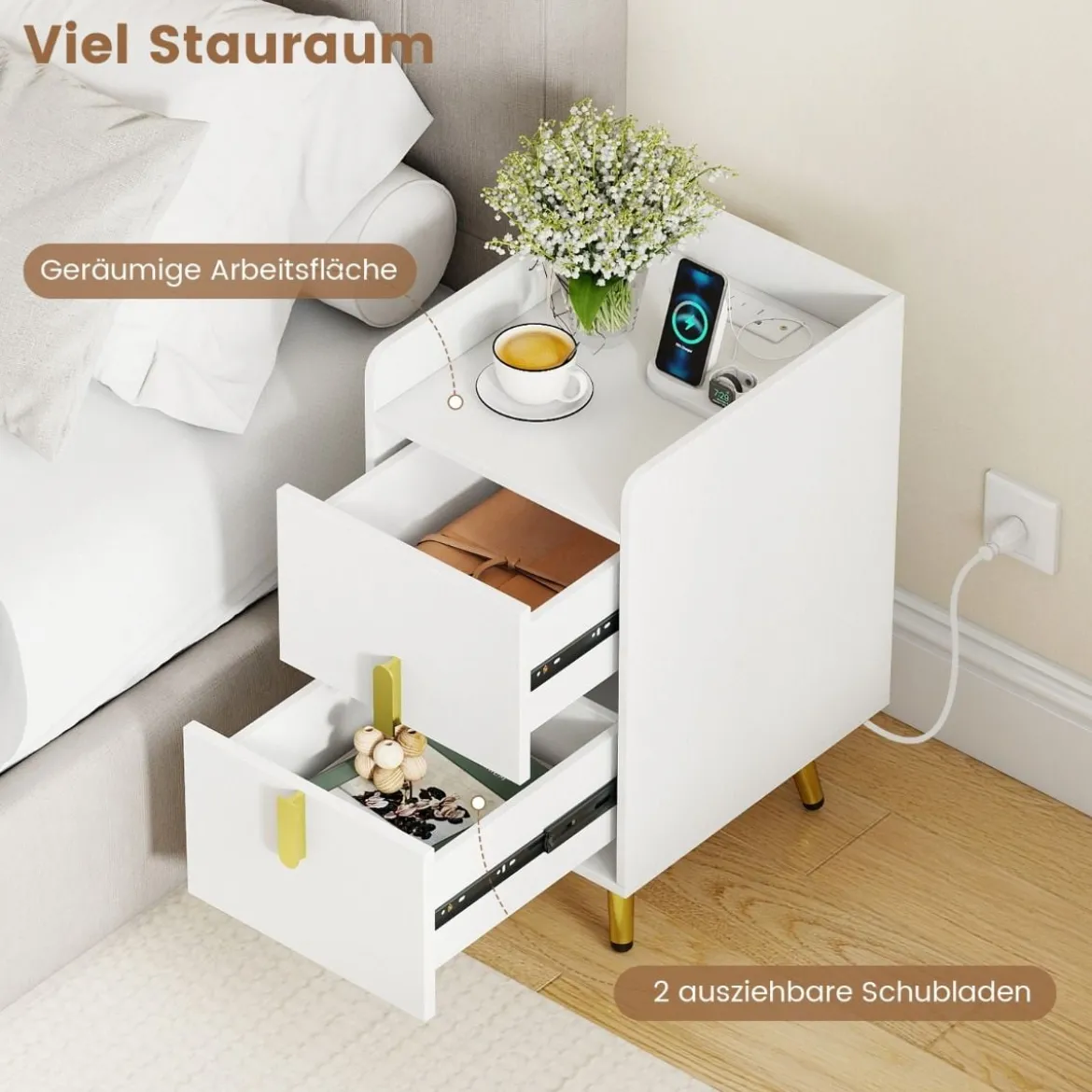 Nachttisch mit Ladestation schmaler Nachtschrank mit 2 Schubladen Beistelltisch mit Metallbeinen Weiß
