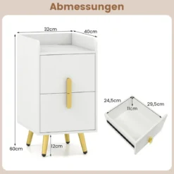 Nachttisch mit Ladestation schmaler Nachtschrank mit 2 Schubladen Beistelltisch mit Metallbeinen Weiß