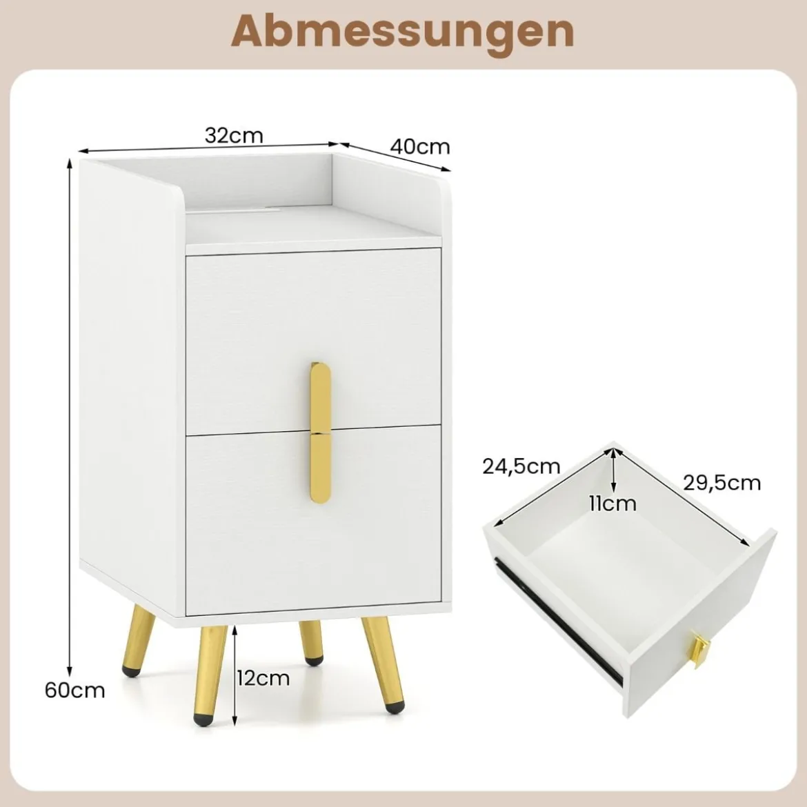 Nachttisch mit Ladestation schmaler Nachtschrank mit 2 Schubladen Beistelltisch mit Metallbeinen Weiß