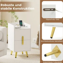 Nachttisch mit Ladestation schmaler Nachtschrank mit 2 Schubladen Beistelltisch mit Metallbeinen Weiß