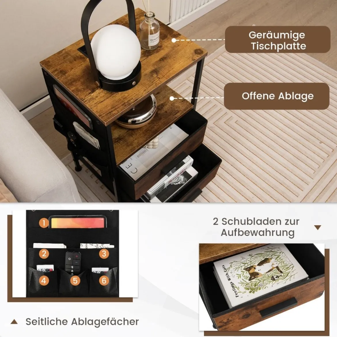 Nachttisch mit Ladestation & 2 Schubladen & 6 Seitentaschen Industrieller Beistelltisch Braun
