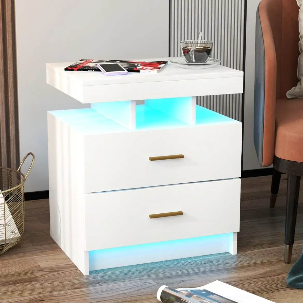 Nachttisch mit LED-Beleuchtung Nachtschrank Beistelltisch mit 2 Schubladen 50 x 40 x 58 cm Schwarz/Weiß