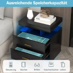 Nachttisch mit LED-Beleuchtung Nachtschrank Beistelltisch mit 2 Schubladen 50 x 40 x 58 cm Schwarz/Weiß