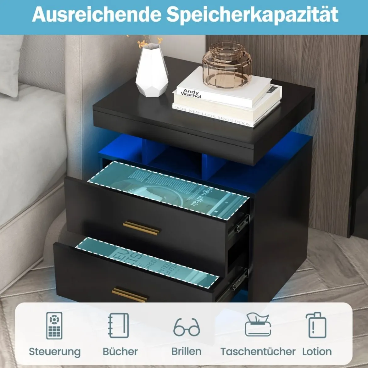 Nachttisch mit LED-Beleuchtung Nachtschrank Beistelltisch mit 2 Schubladen 50 x 40 x 58 cm Schwarz/Weiß