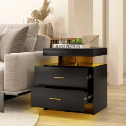 Nachttisch mit LED-Beleuchtung Nachtschrank Beistelltisch mit 2 Schubladen 50 x 40 x 58 cm Schwarz/Weiß