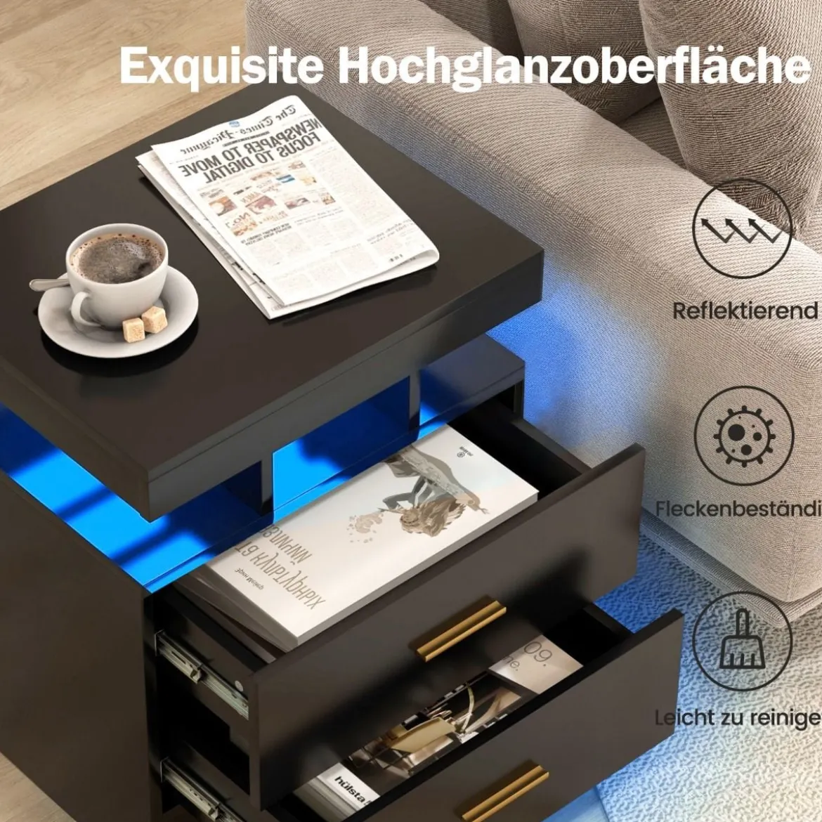 Nachttisch mit LED-Beleuchtung Nachtschrank Beistelltisch mit 2 Schubladen 50 x 40 x 58 cm Schwarz/Weiß