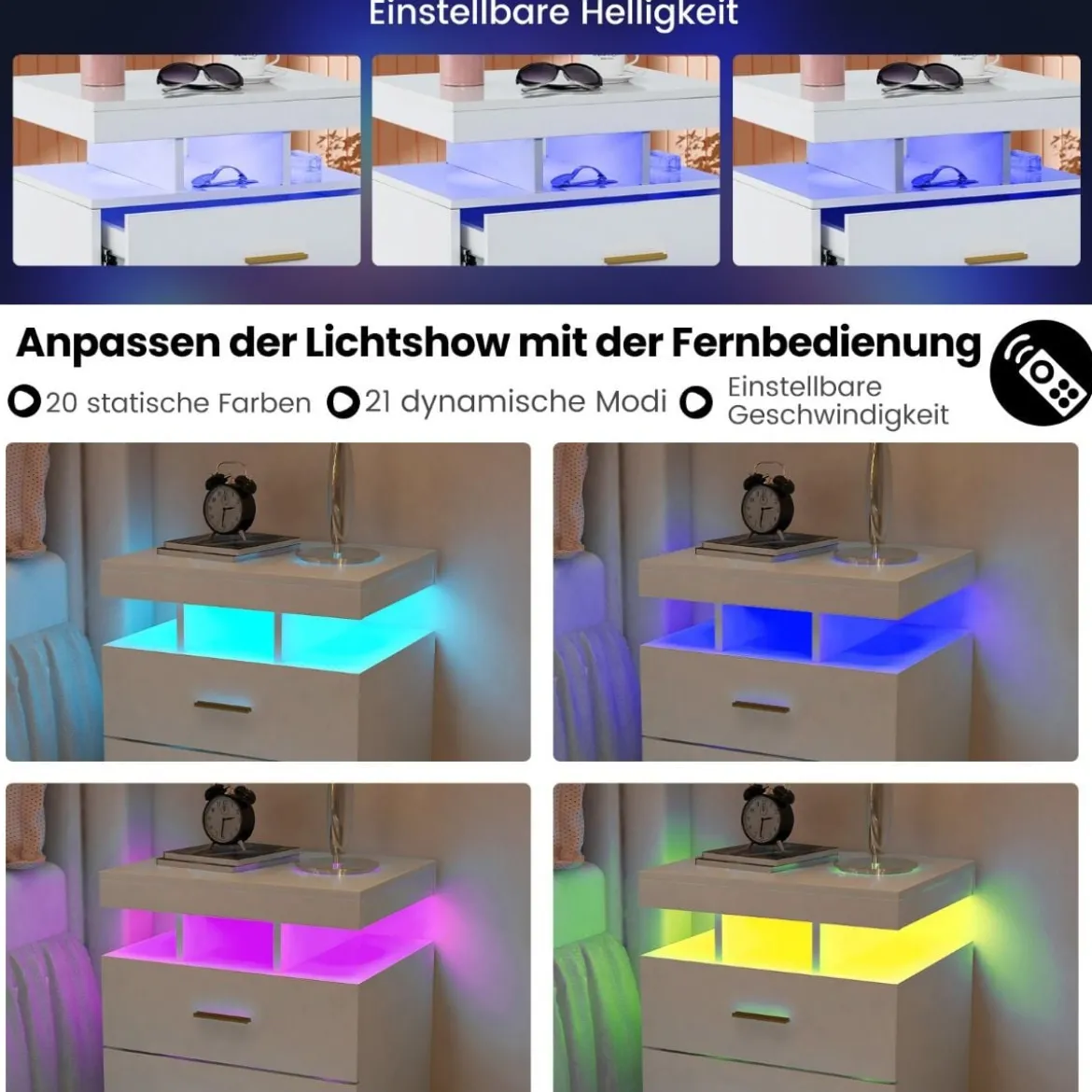 Nachttisch mit LED-Beleuchtung Nachtschrank Beistelltisch mit 2 Schubladen 50 x 40 x 58 cm Schwarz/Weiß