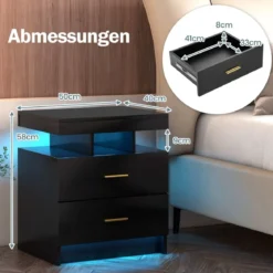 Nachttisch mit LED-Beleuchtung Nachtschrank Beistelltisch mit 2 Schubladen 50 x 40 x 58 cm Schwarz/Weiß