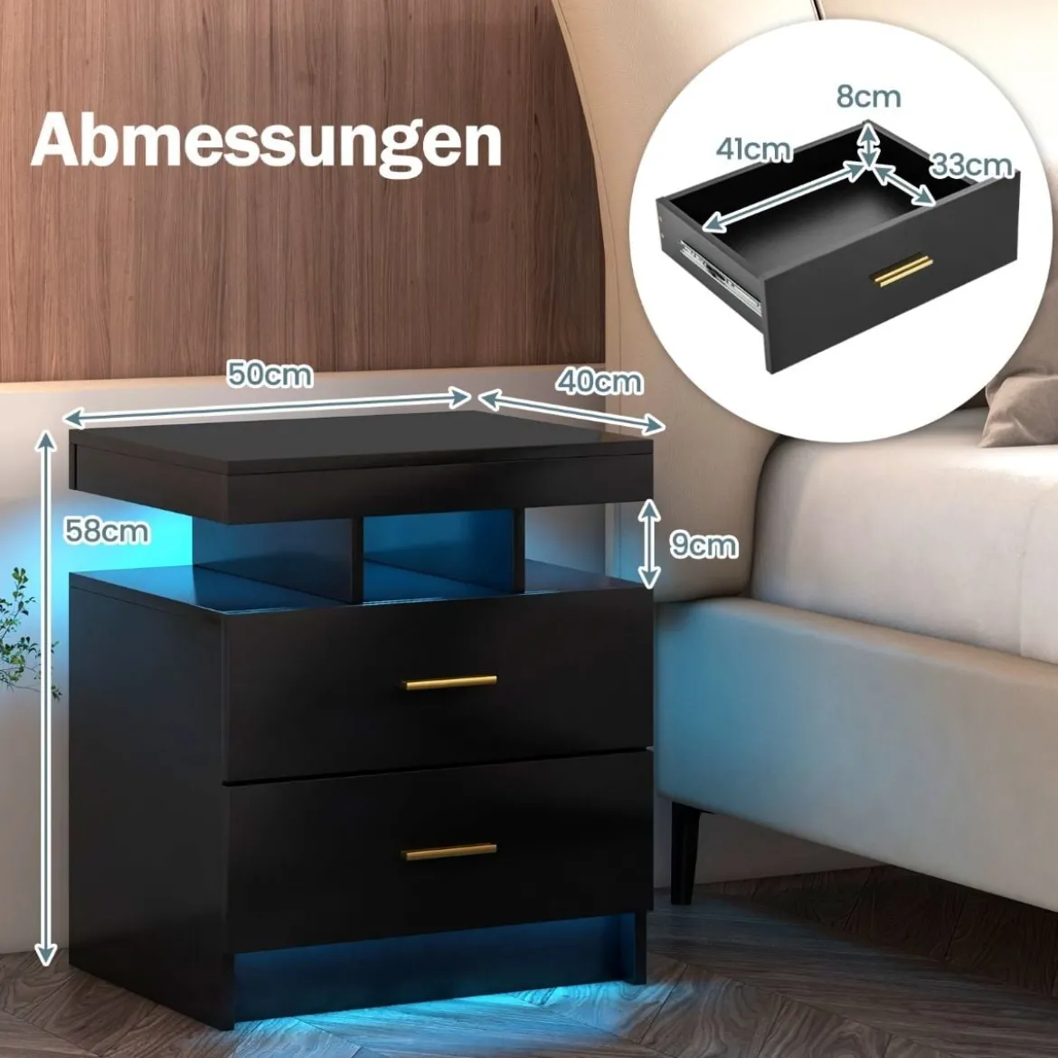 Nachttisch mit LED-Beleuchtung Nachtschrank Beistelltisch mit 2 Schubladen 50 x 40 x 58 cm Schwarz/Weiß