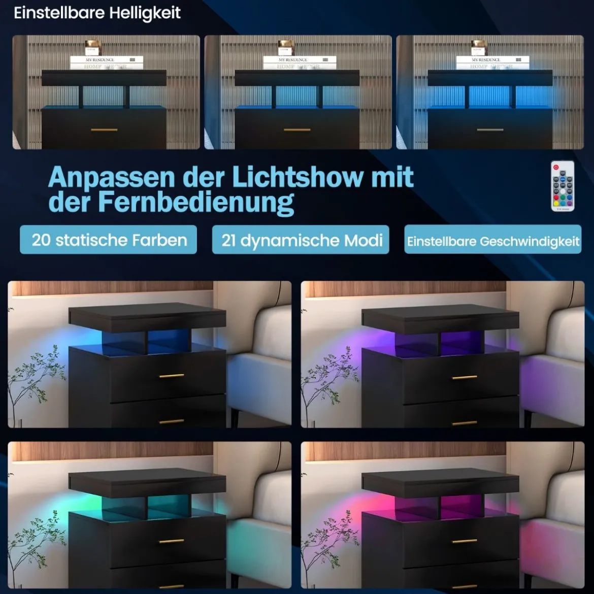 Nachttisch mit LED-Beleuchtung Nachtschrank Beistelltisch mit 2 Schubladen 50 x 40 x 58 cm Schwarz/Weiß