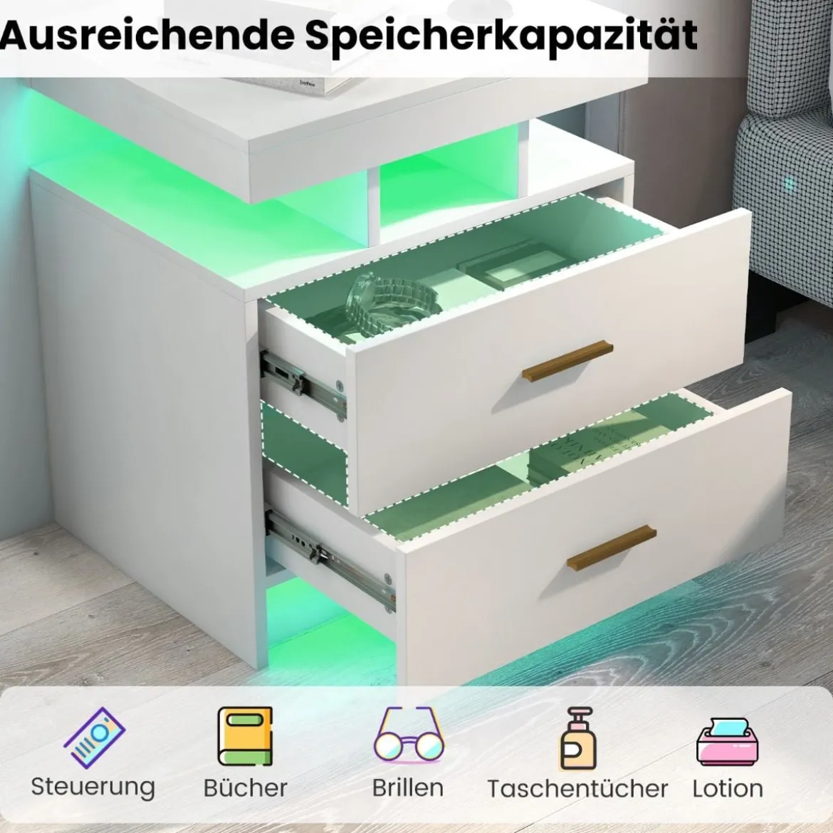 Nachttisch mit LED-Beleuchtung Nachtschrank Beistelltisch mit 2 Schubladen 50 x 40 x 58 cm Schwarz/Weiß