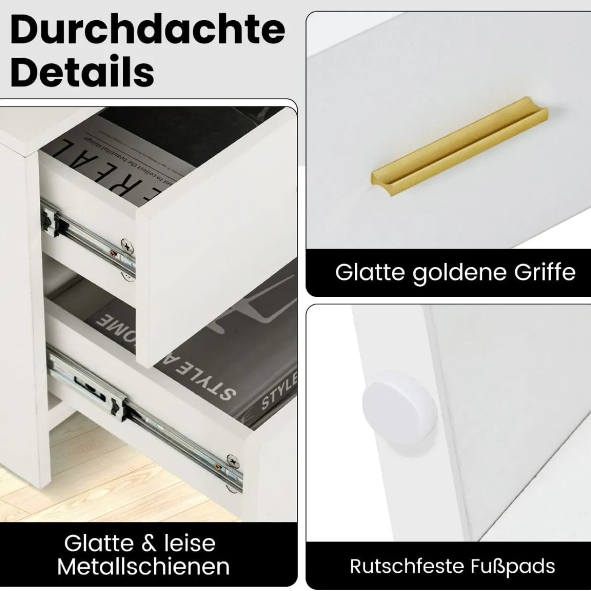 Nachttisch mit LED-Beleuchtung Nachtschrank Beistelltisch mit 2 Schubladen 50 x 40 x 58 cm Schwarz/Weiß