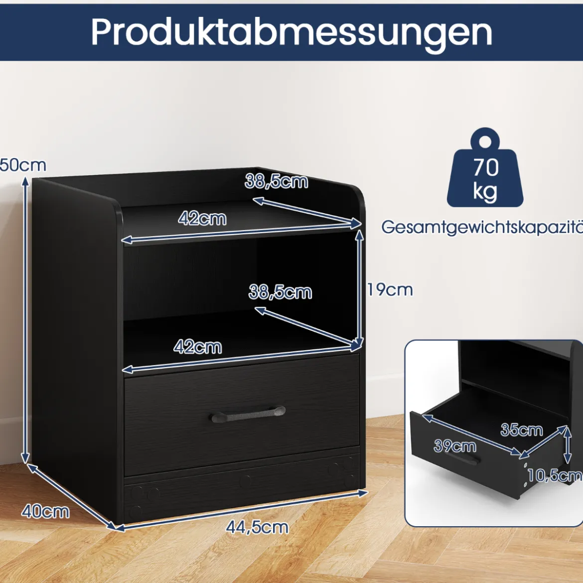 Nachttisch mit LED-Beleuchtung & Offenem Fach & Schublade Beistelltisch Nachtschrank Schwarz
