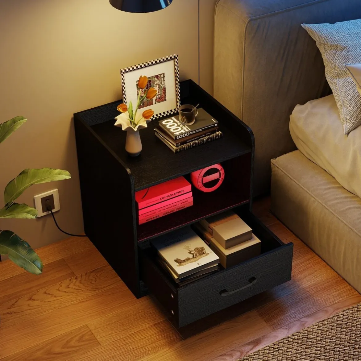 Nachttisch mit LED-Beleuchtung & Offenem Fach & Schublade Beistelltisch Nachtschrank Schwarz