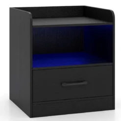 Nachttisch mit LED-Beleuchtung & Offenem Fach & Schublade Beistelltisch Nachtschrank Schwarz
