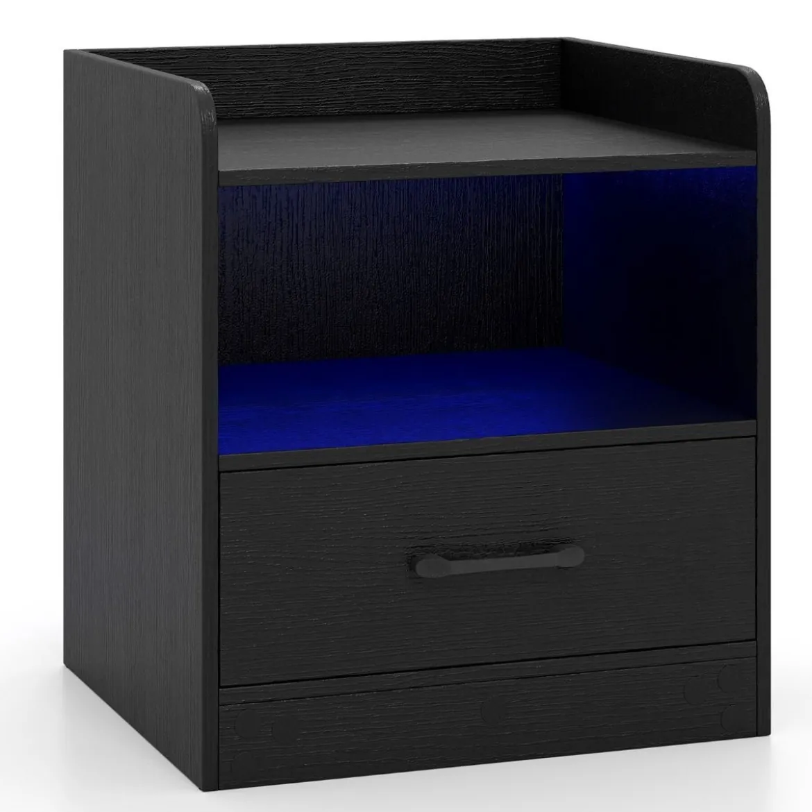 Nachttisch mit LED-Beleuchtung & Offenem Fach & Schublade Beistelltisch Nachtschrank Schwarz