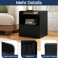 Nachttisch mit LED-Beleuchtung & Offenem Fach & Schublade Beistelltisch Nachtschrank Schwarz
