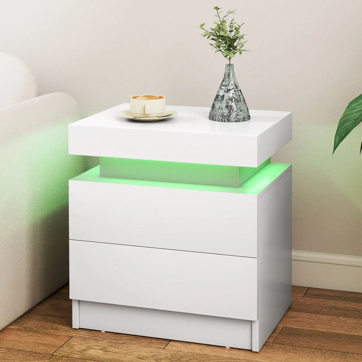 Nachttisch mit LED-Leuchten Nachtkommode mit 2 Schubladen moderner Beistelltisch Weiß