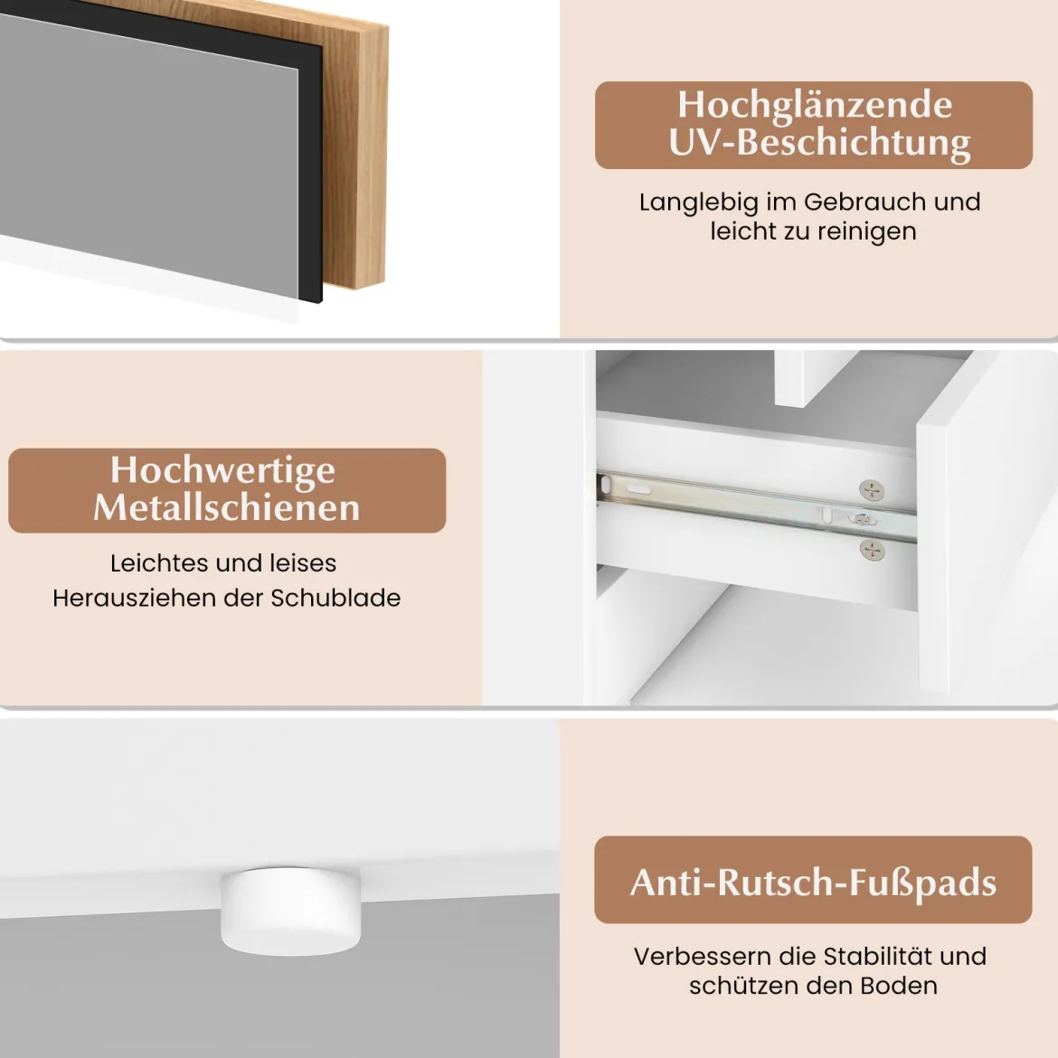 Nachttisch mit LED-Leuchten Nachtkommode mit 2 Schubladen moderner Beistelltisch Weiß