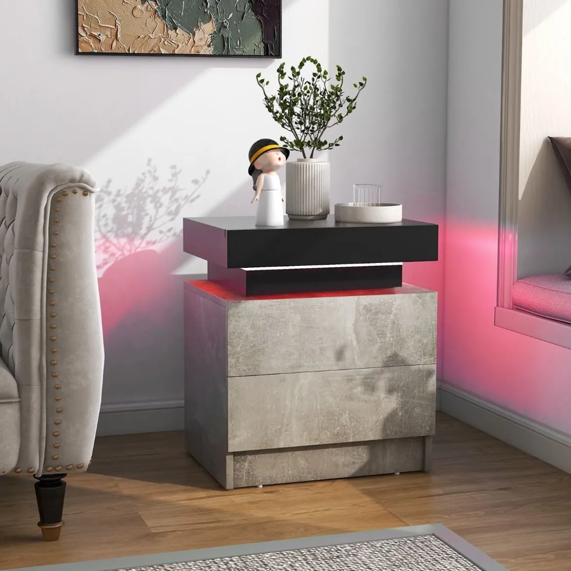 Nachttisch mit LED-Leuchten & 2 Schubladen & Fernbedienung Nachtschrank 45 x 35 x 52cm Grau