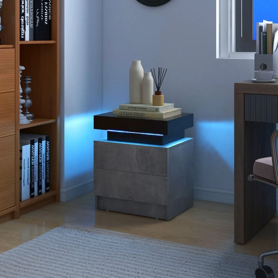 Nachttisch mit LED-Leuchten & 2 Schubladen & Fernbedienung Nachtschrank 45 x 35 x 52cm Grau
