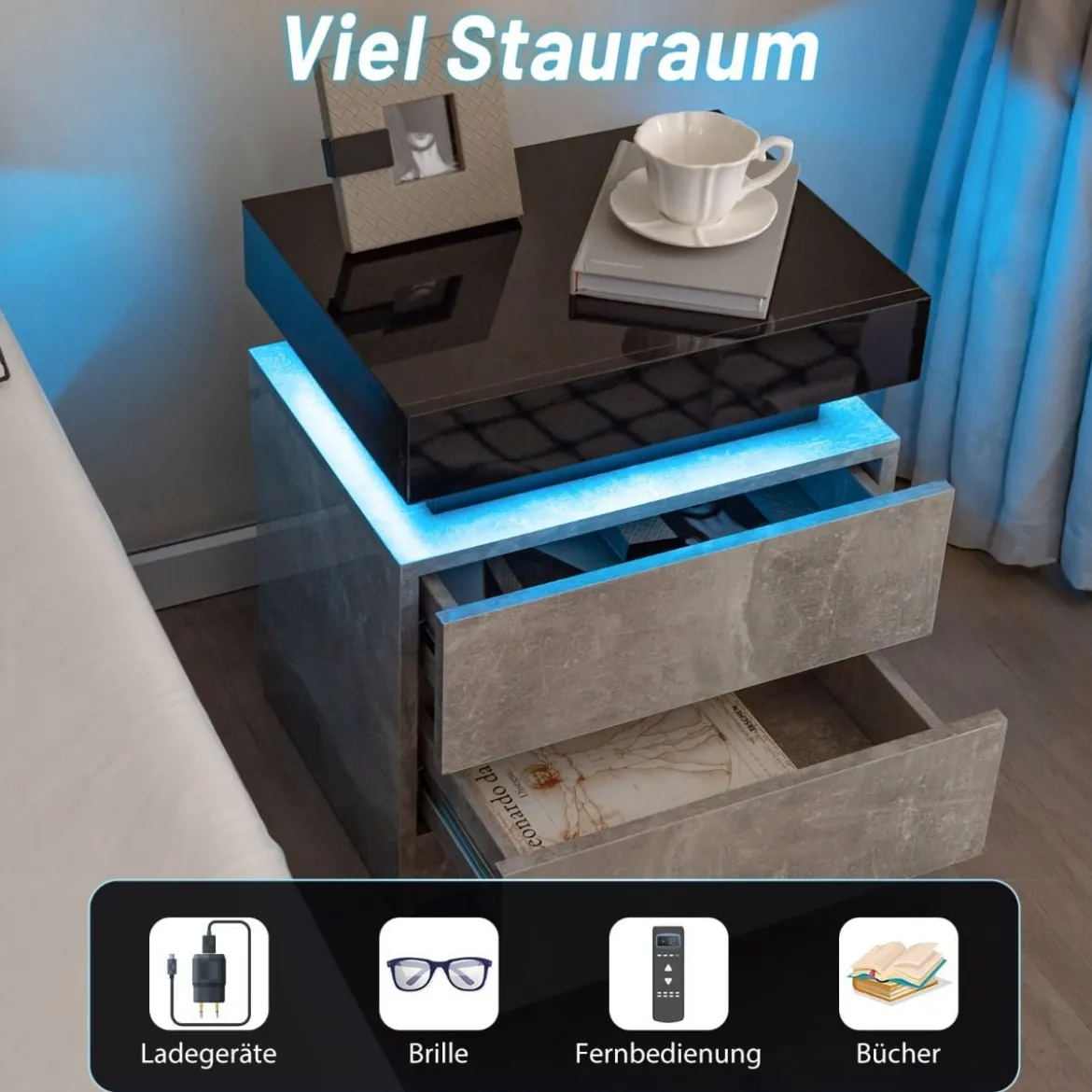 Nachttisch mit LED-Leuchten & 2 Schubladen & Fernbedienung Nachtschrank 45 x 35 x 52cm Grau