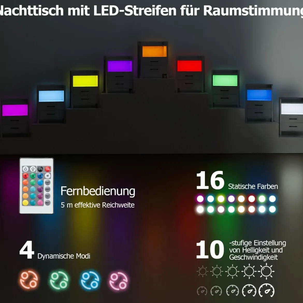 Nachttisch mit LED-Lichtern & Ladestation Nachtschrank mit 2 Schubladen & offenem Ablagefach Beistelltisch Weiß 45 x 35 x 60 cm