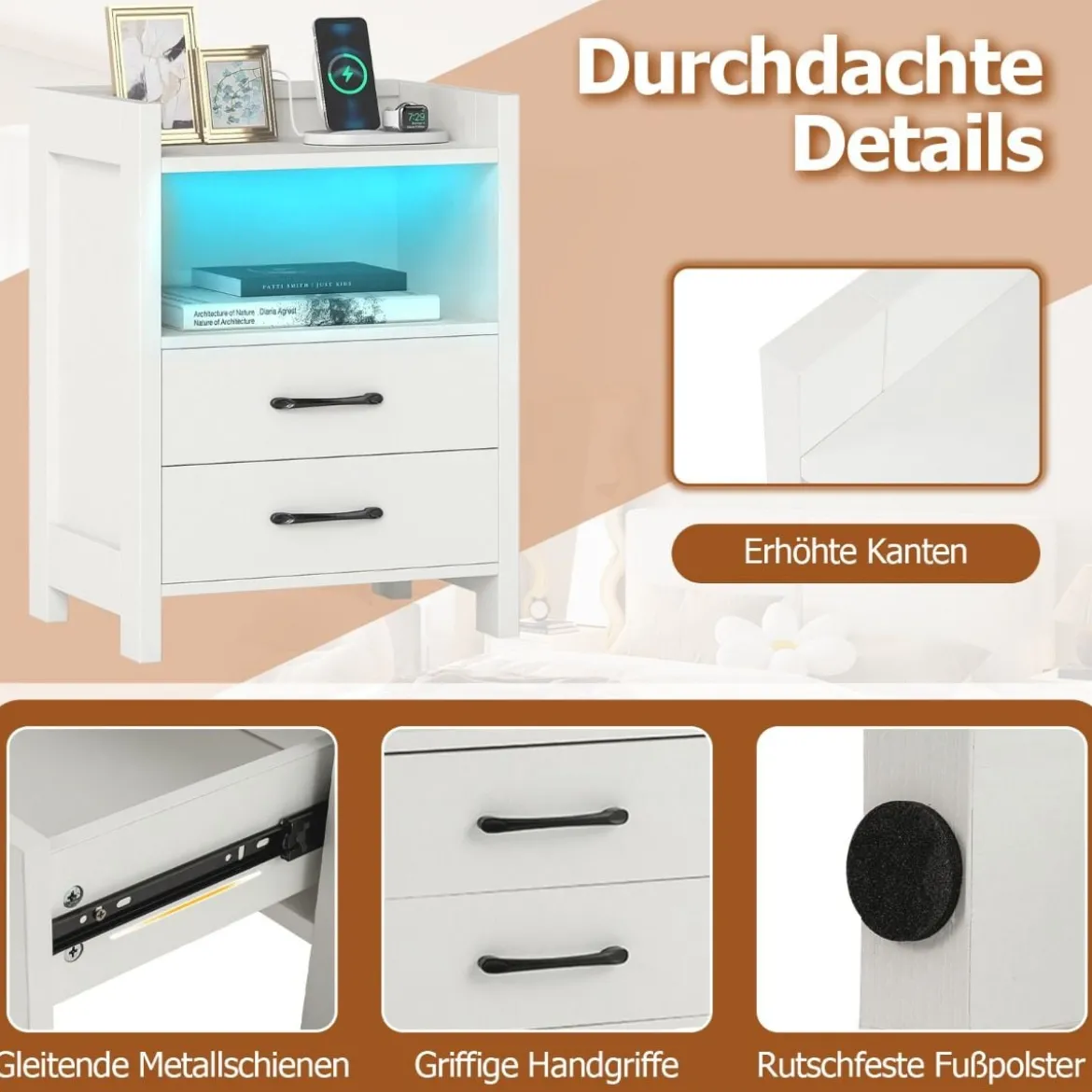 Nachttisch mit LED-Lichtern & Ladestation Nachtschrank mit 2 Schubladen & offenem Ablagefach Beistelltisch Weiß 45 x 35 x 60 cm