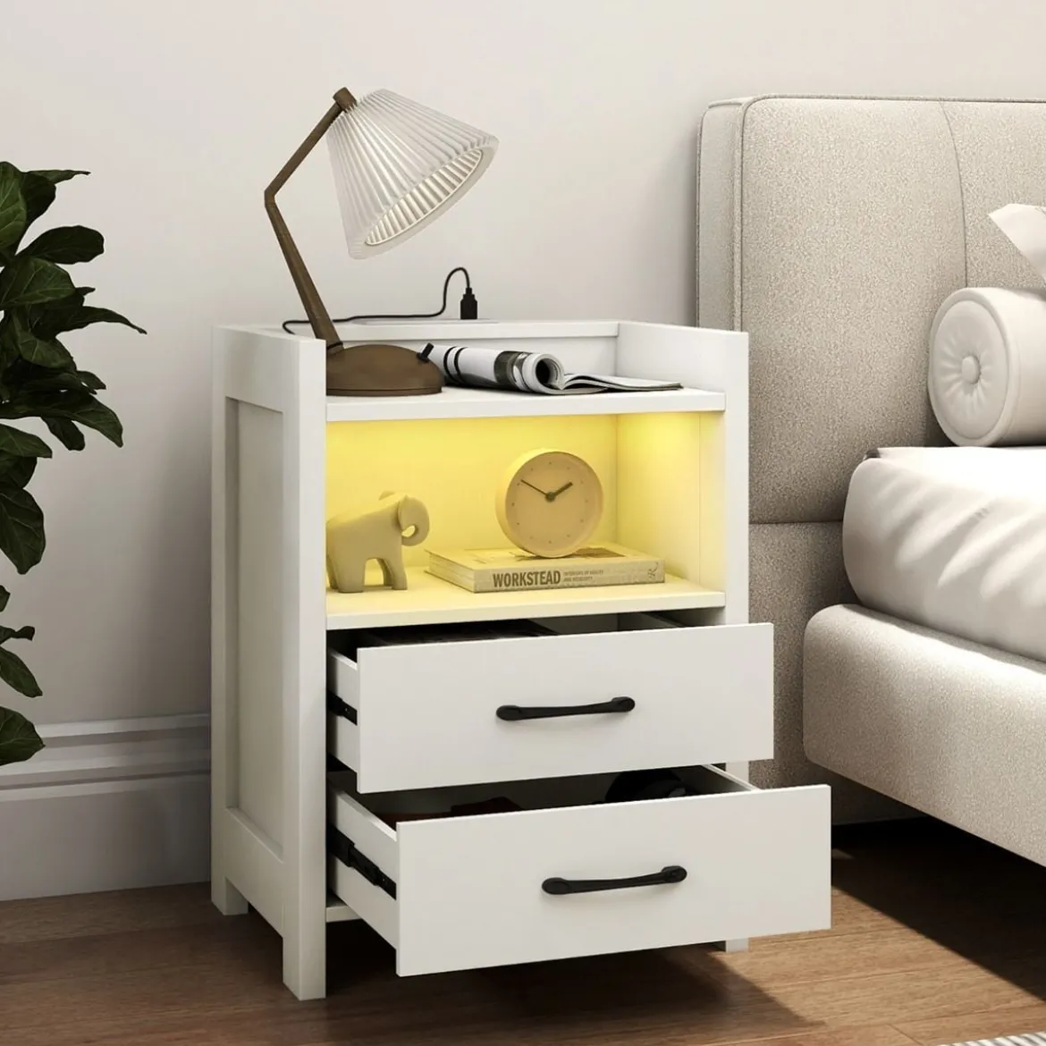 Nachttisch mit LED-Lichtern & Ladestation Nachtschrank mit 2 Schubladen & offenem Ablagefach Beistelltisch Weiß 45 x 35 x 60 cm