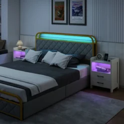 Nachttisch mit LED-Lichtern & Ladestation Nachtschrank mit 2 Schubladen & offenem Ablagefach Beistelltisch Weiß 45 x 35 x 60 cm
