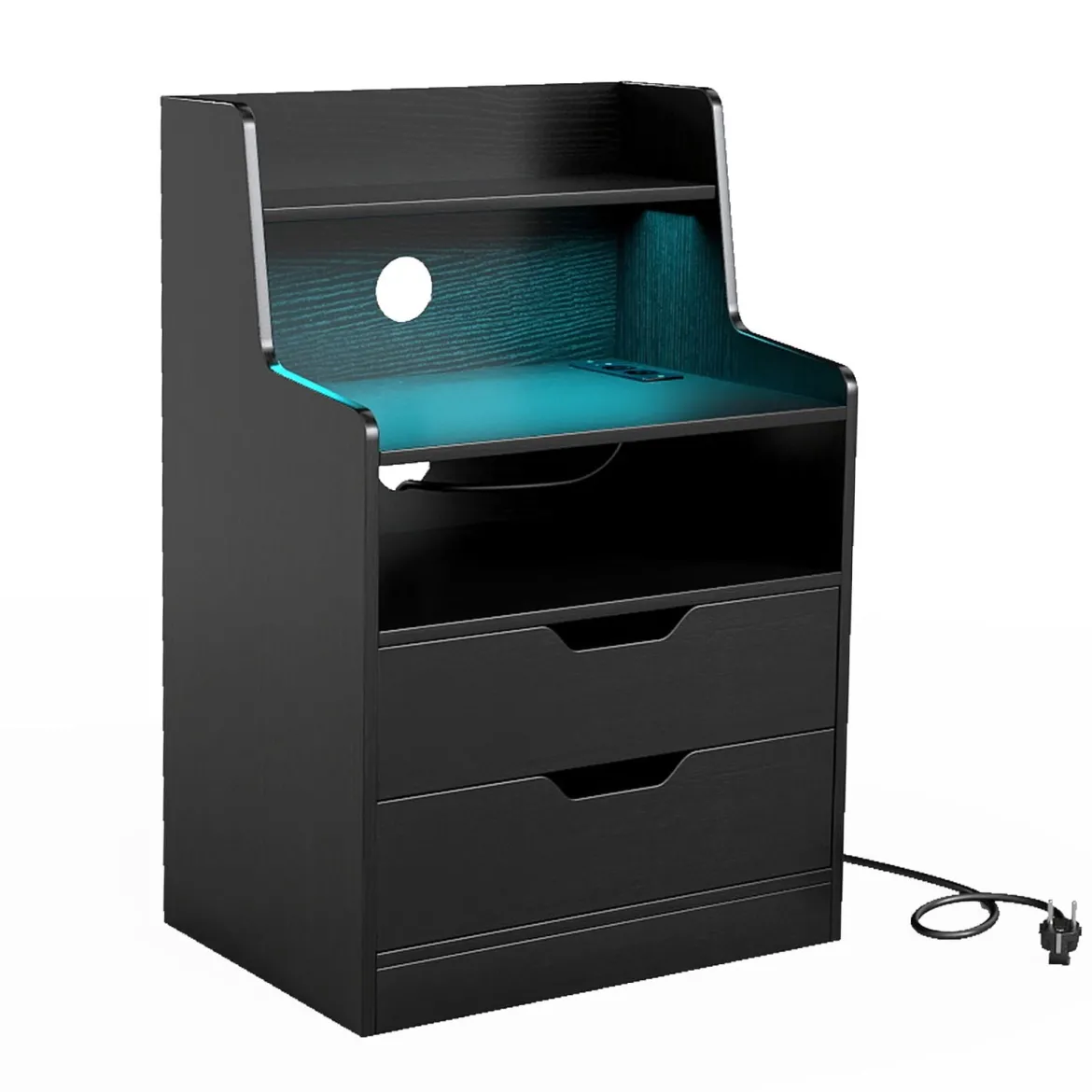Nachttisch mit LED-Lichtern & Ladestation Beistelltisch mit 2 Schubladen & offenem Fach moderner Nachtschrank Schwarz
